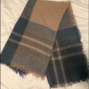 Blue, grey, and pink plaid winter scarf